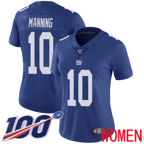 Women New York Giants #10 Eli Manning Royal Blue Team Color Vapor Untouchable Limited Player 100th Season Football NFL Jersey->women nfl jersey->Women Jersey